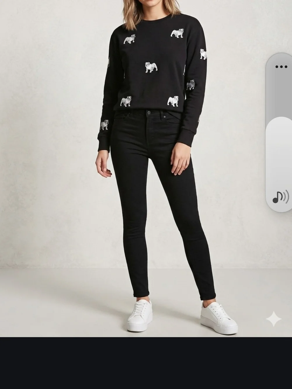 Forever 21 Black Crewneck Sweater with White Bulldog Embroidery